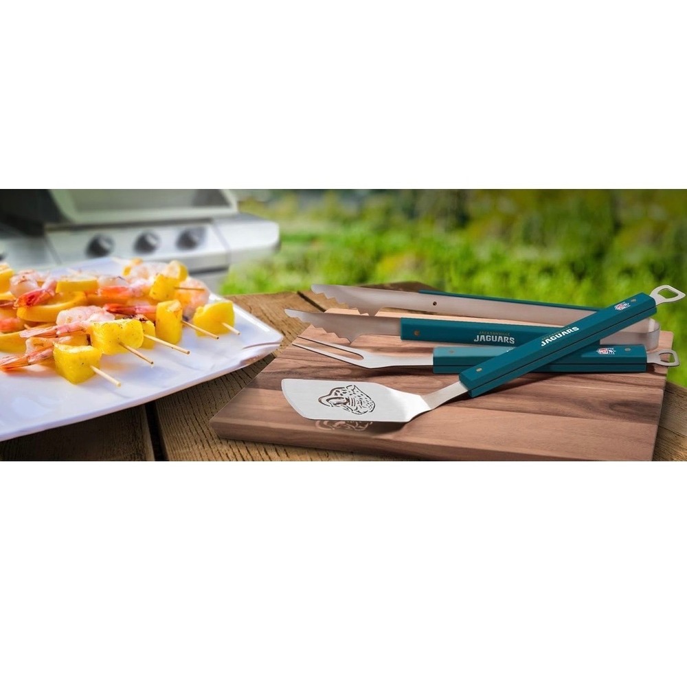 NFL Jacksonville Jaguars 3 Piece BBQ Grill Set Sportula Tongs Fork Teal Silver - Picture 2 of 4
